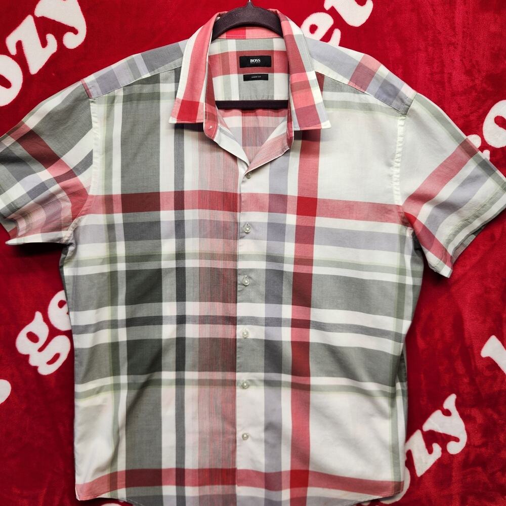 Hugo Boss Sharp Fit Mens 2XL Plaid Button Front Shirt Red Gray White Short...